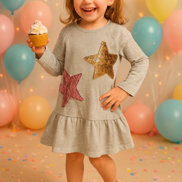 VIKITA Striped Dress Round Neck Long Sleeve Flounce Bottom White Gray 5-6 Yr Old - Picture 1 of 12